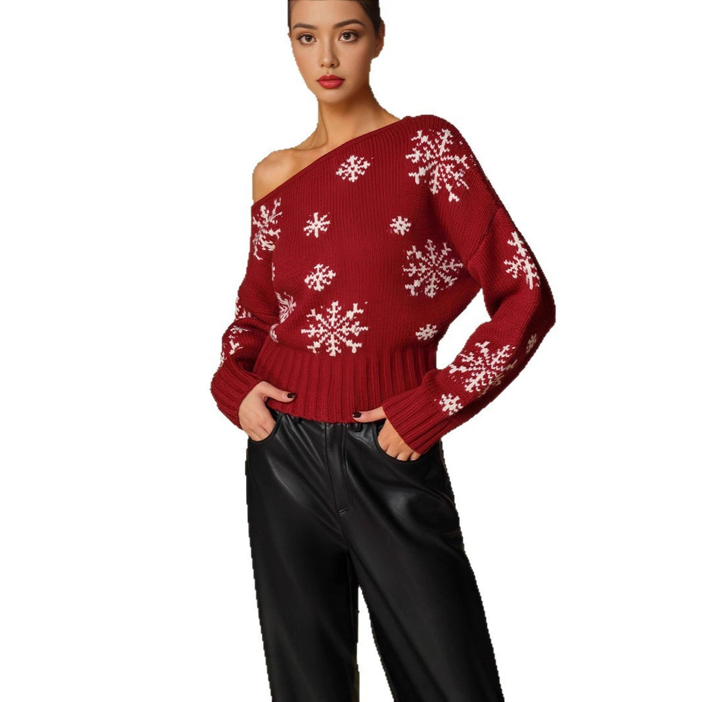Kobiecy Sweter Świąteczny Off-Shoulder w Śnieżynki (Czerwony / Czarny)