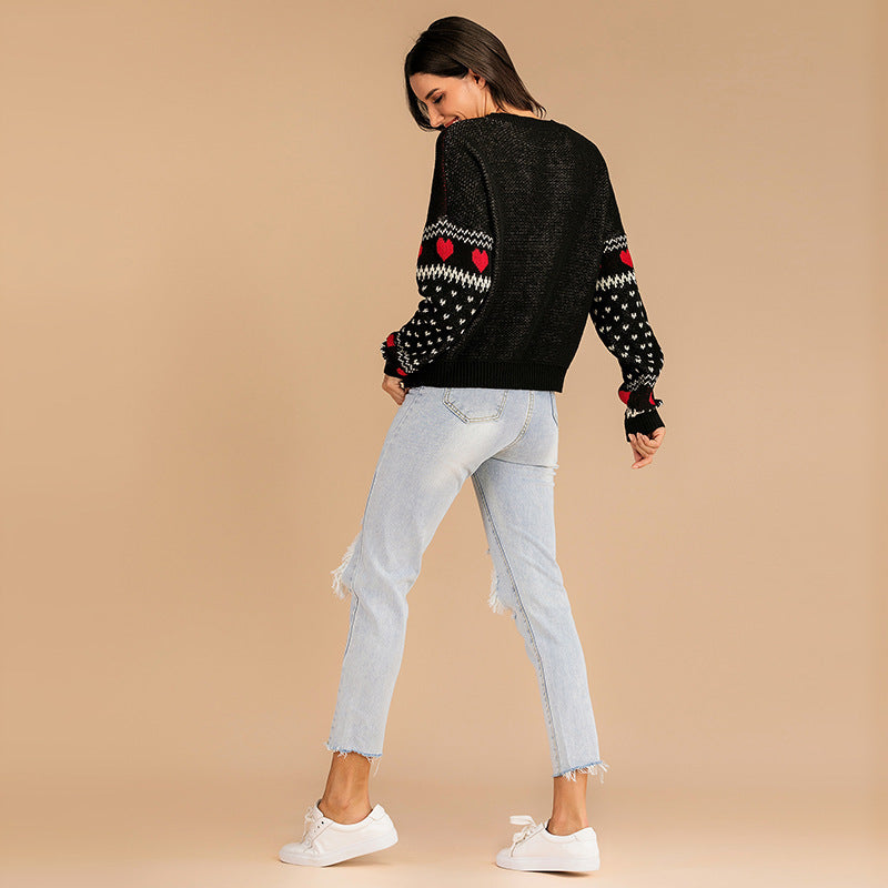 Czarny Sweter Świąteczny "Renifery i Serca" z Napisem CHRISTMAS