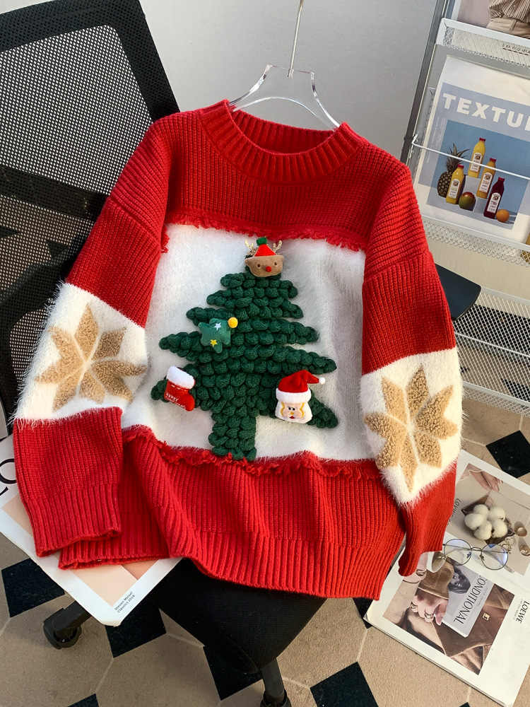 Sweter Świąteczny z Choinką 3D i Pluszowymi Ozdobami