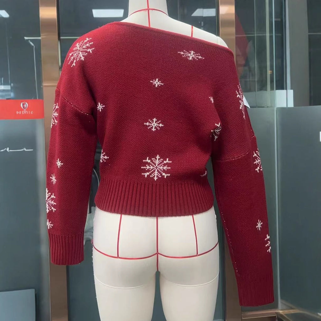 Kobiecy Sweter Świąteczny Off-Shoulder w Śnieżynki (Czerwony / Czarny)